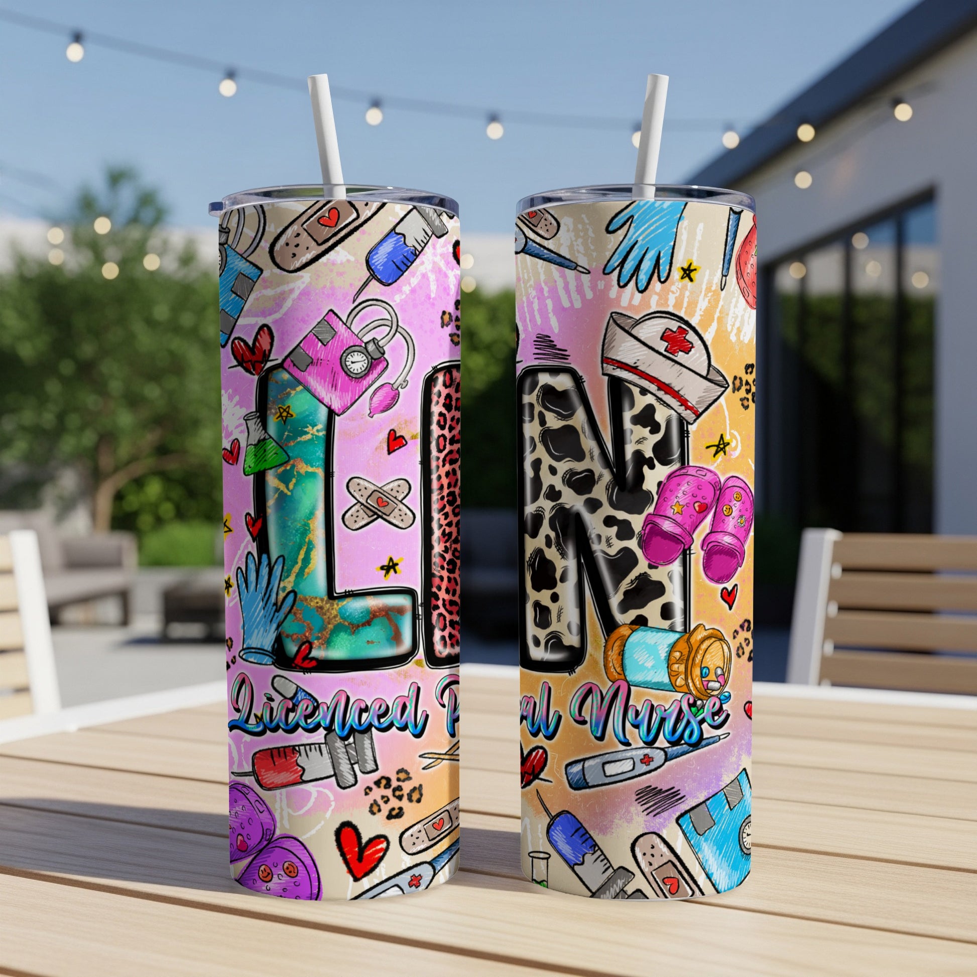 Two tumblers with medical-themed designs and text "Licensed Practical Nurse".