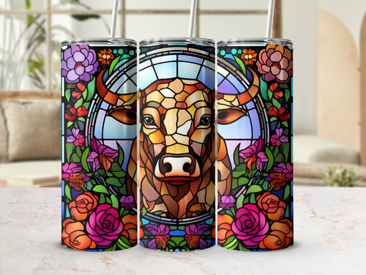 Stained glass bull head framed by colorful roses and flowers.