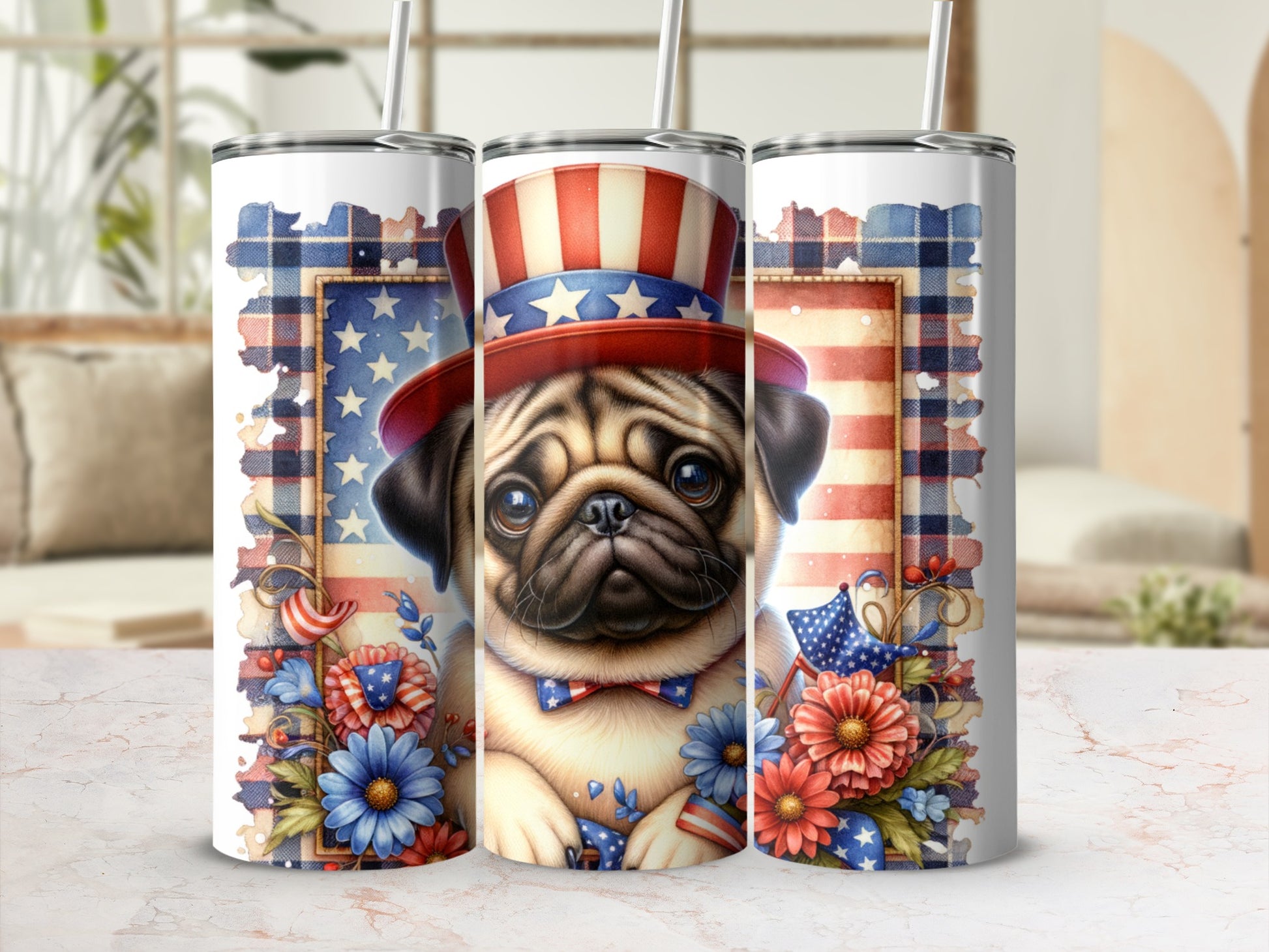 Pug in patriotic hat with floral accents on a patriotic tumbler.