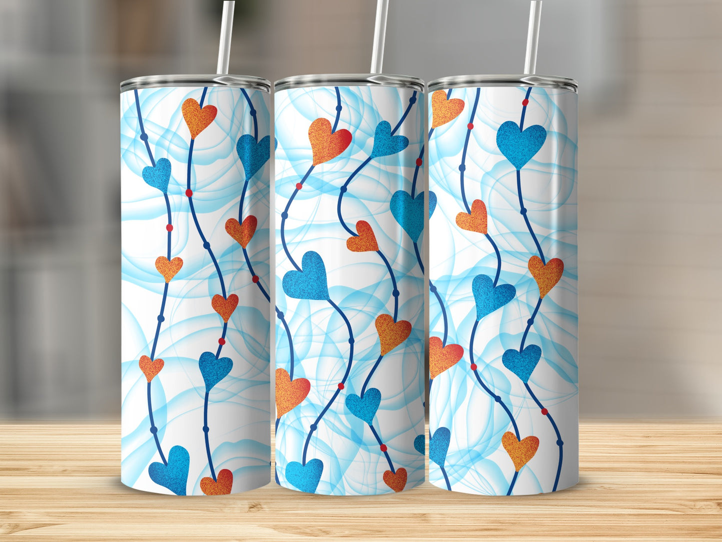 Vibrant Hearts Patterned Blue and Orange Tumbler