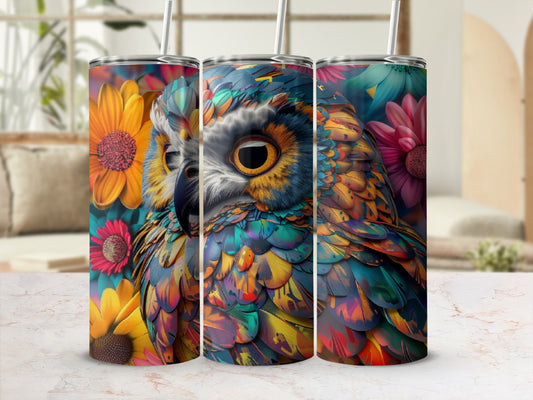 Colorful owl and floral design on a skinny tumbler with straw.