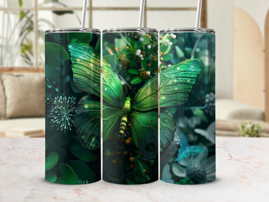 Green butterfly tumbler with floral and foliage accents.