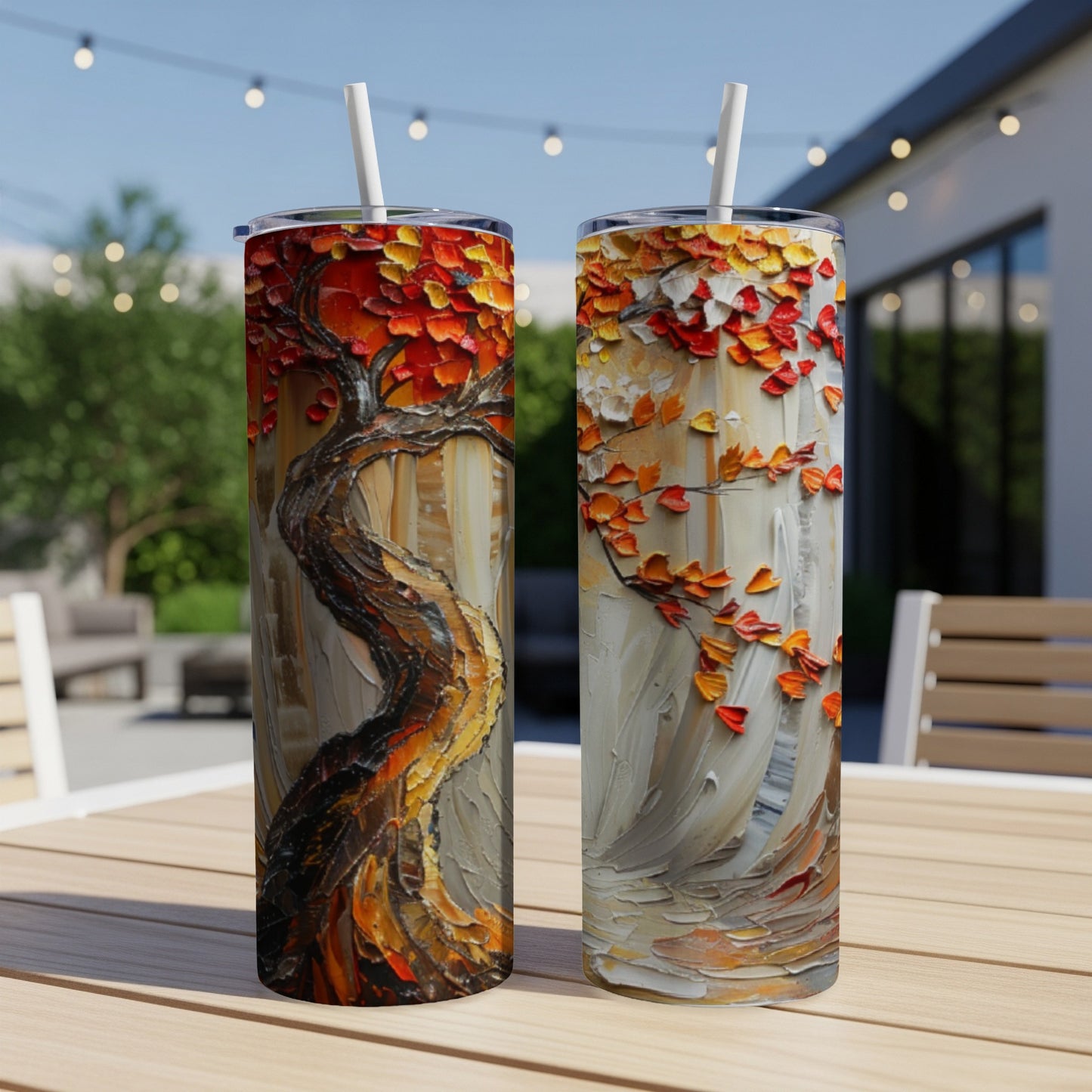Two tall tumblers with textured, impasto-style autumn tree designs.
