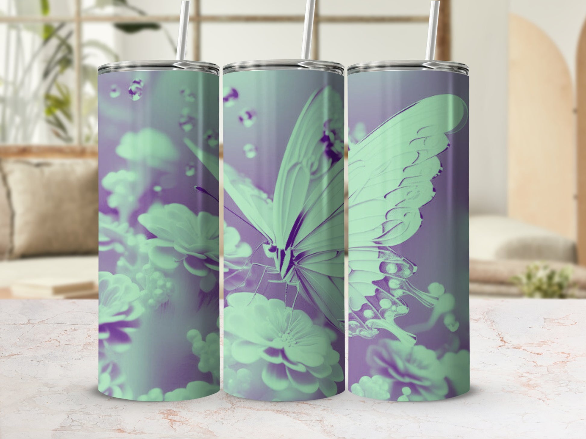 Purple and green butterfly on flowers, displayed on tumblers.