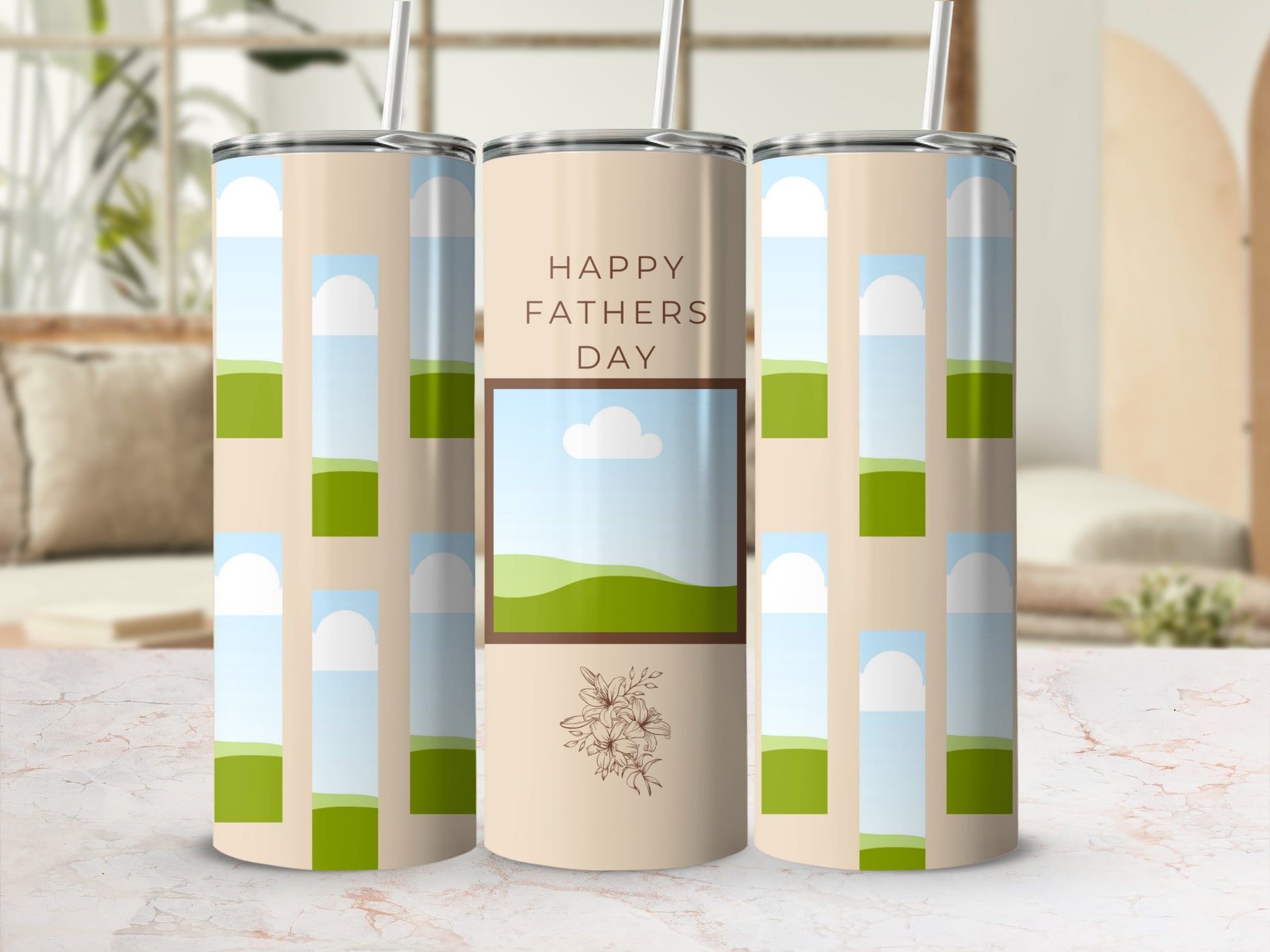 Three tumblers with "Happy Father's Day" text and a floral design.