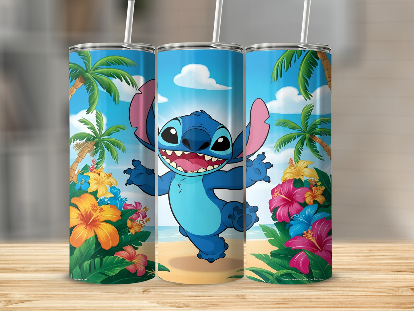 Stitch on a beach with hibiscus flowers and palm trees.