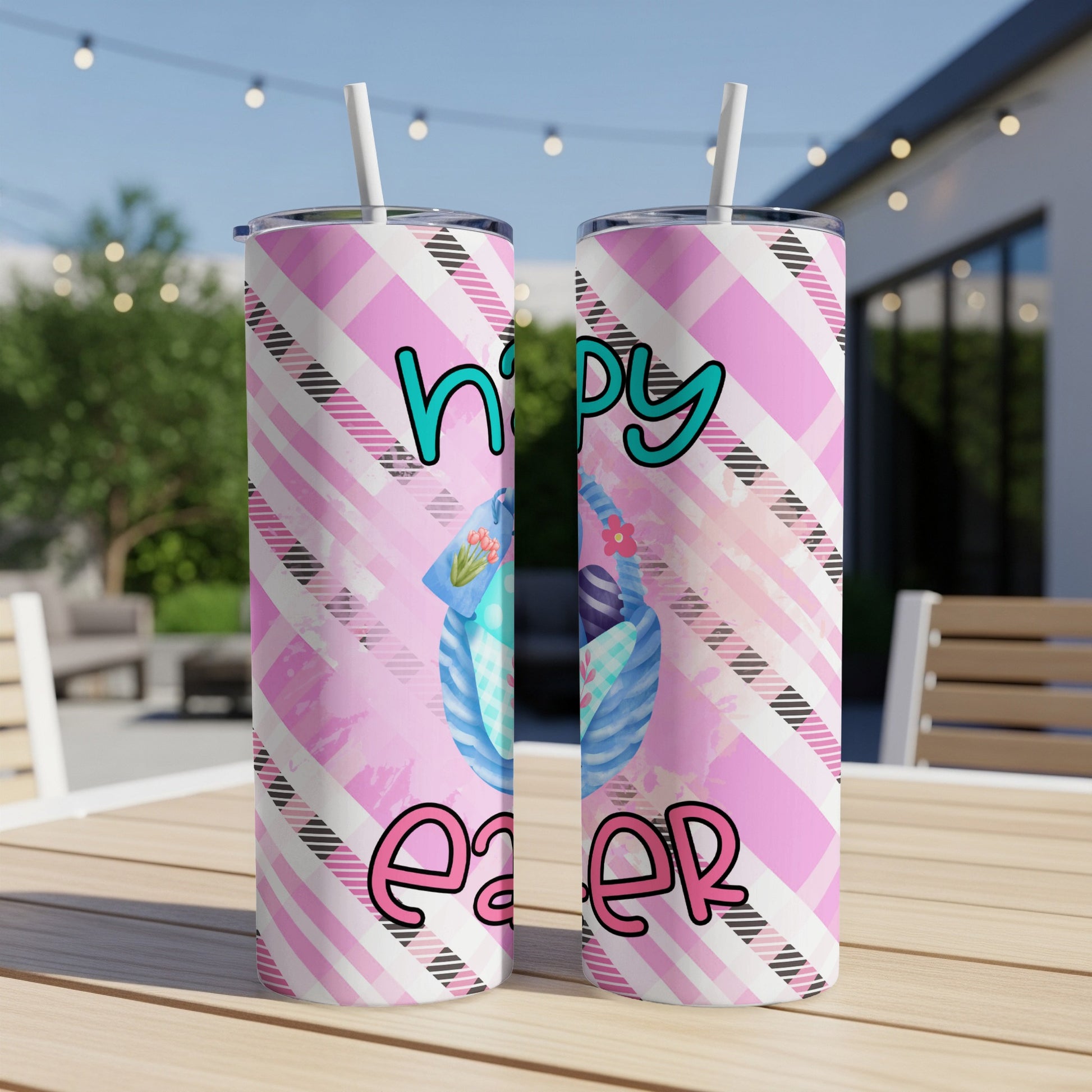 Two tumblers with pink plaid and "Happy Easter" text with Easter basket.