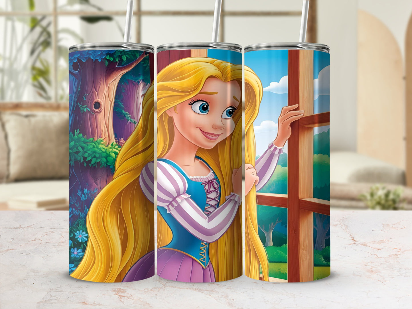 Tangled Rapunzel tumbler with forest and window scene.