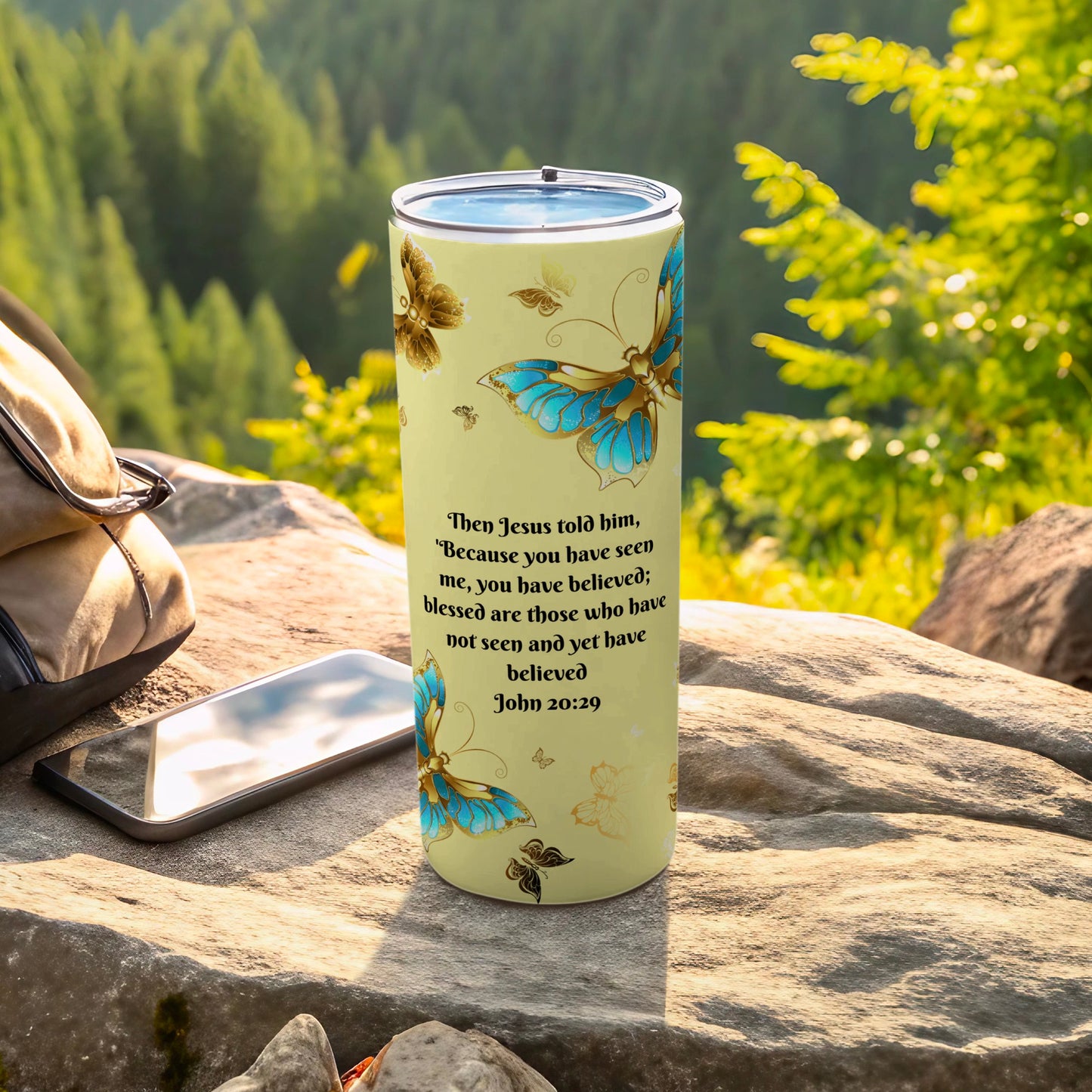 Inspirational Butterflies and Scripture Travel Tumbler