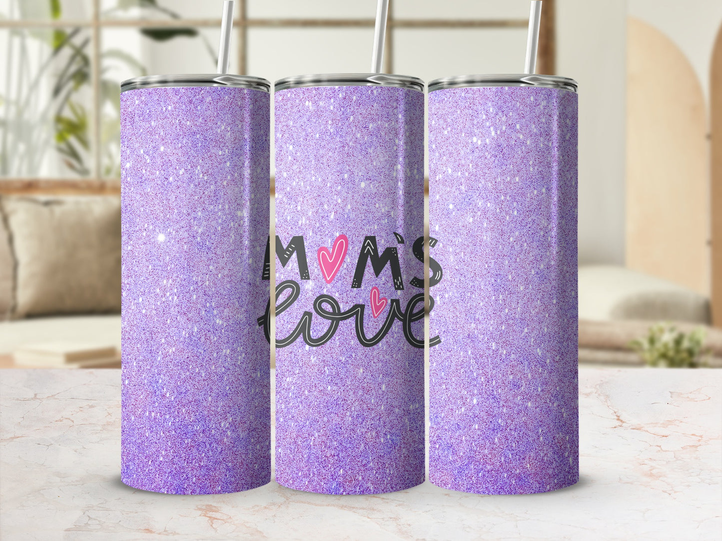 Purple glitter tumbler with "Mom's Love" text and heart designs.