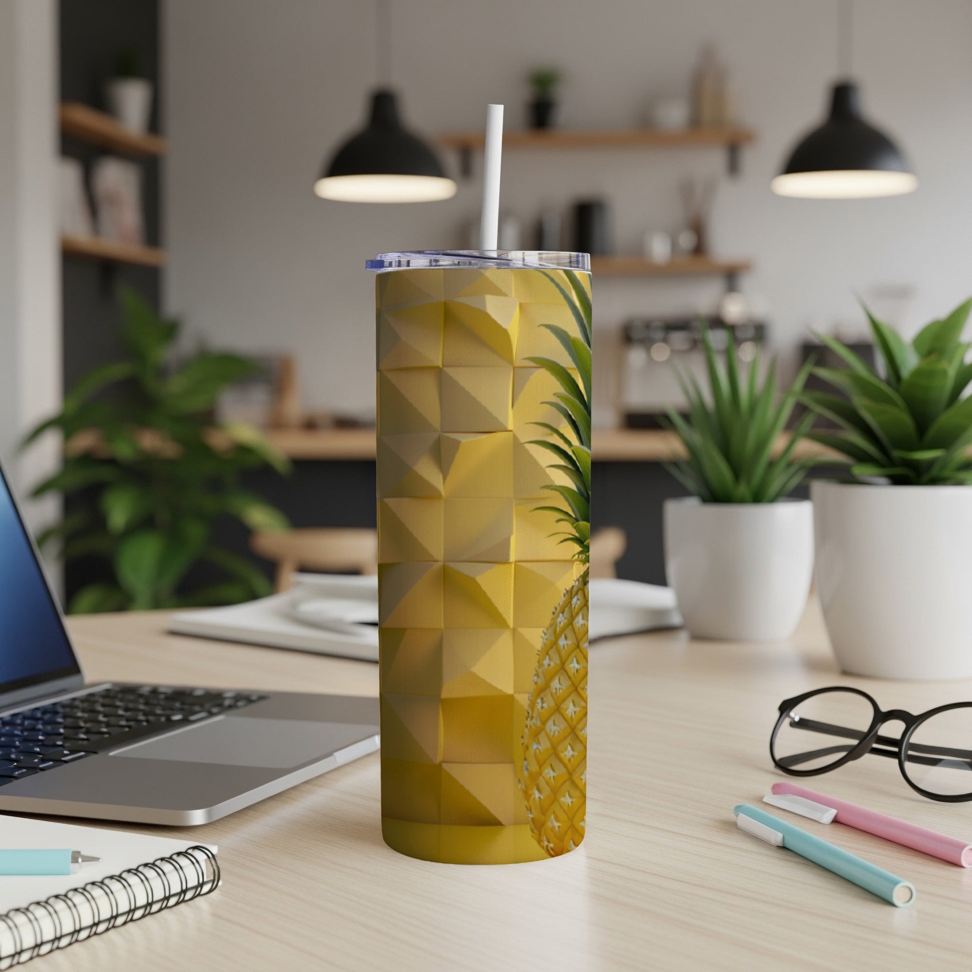 Yellow geometric tumbler with a pineapple pattern.