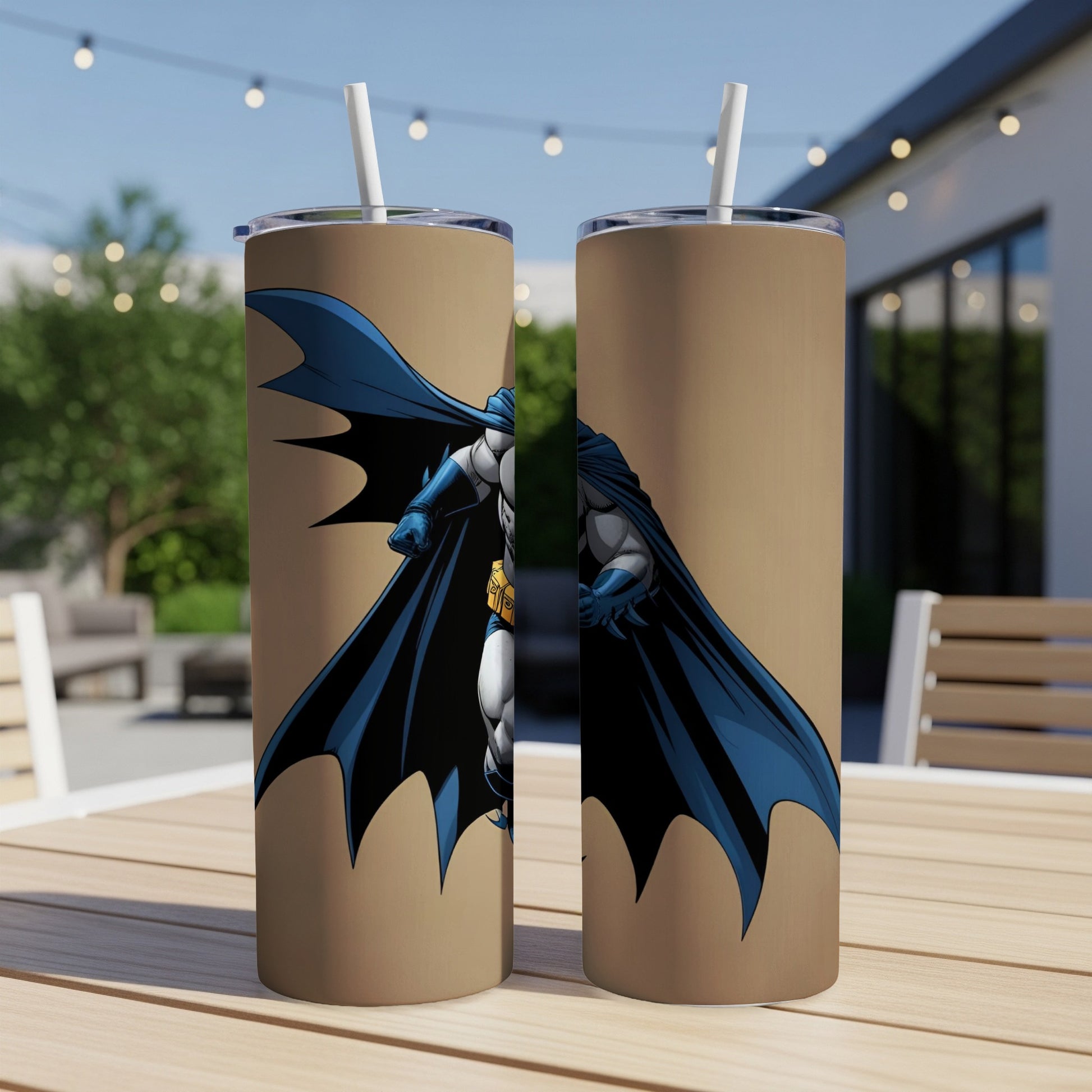 Batman illustration on a brown insulated tumbler with straws.