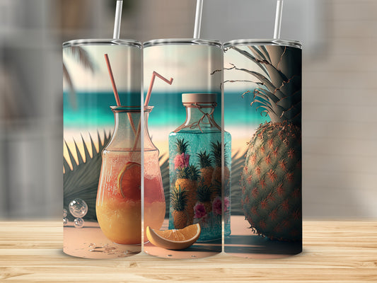 Tropical Pineapple Beach Scene Themed Tumbler Set