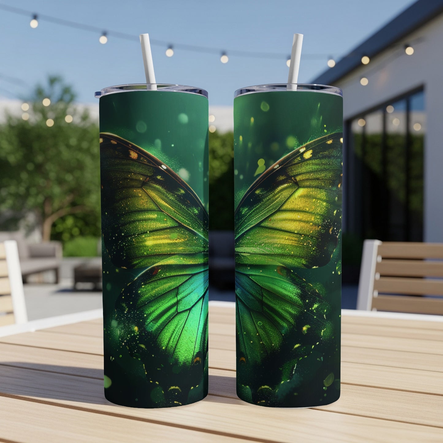 Green butterfly wings design on two tumblers with straws.