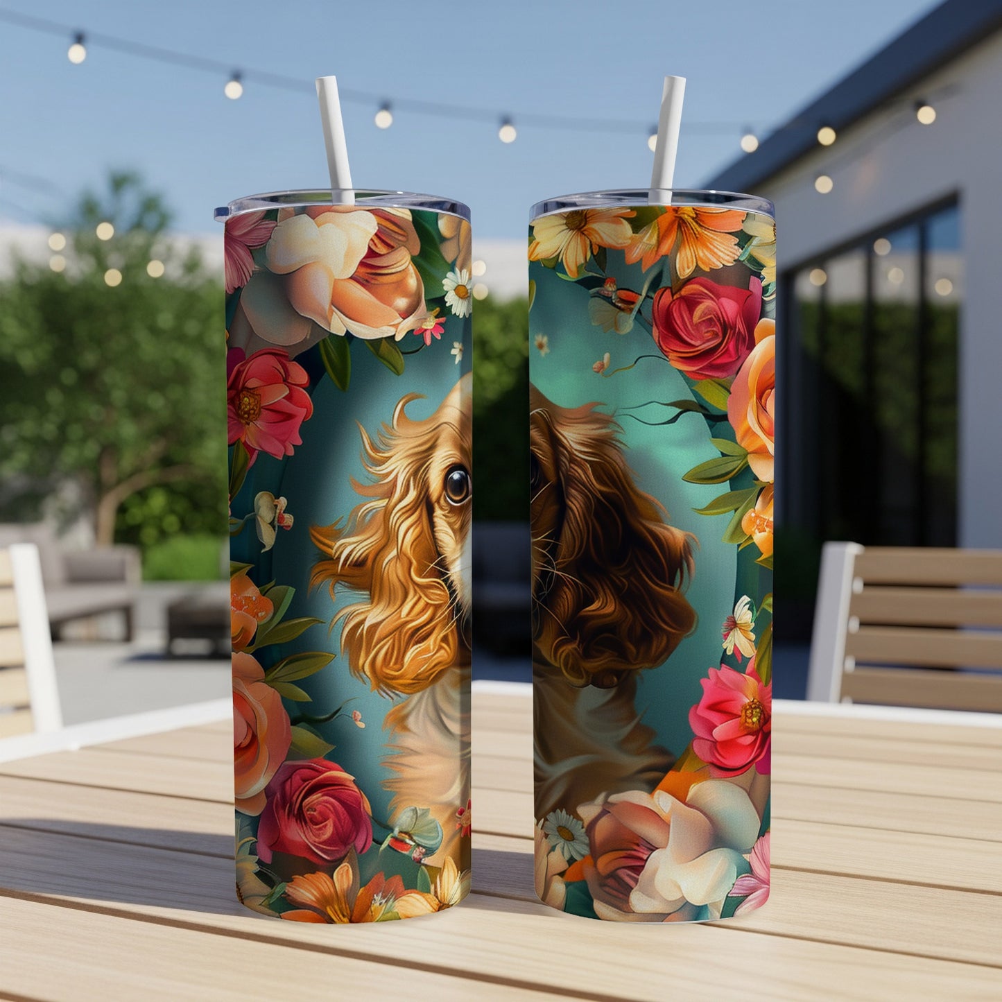 Two tumblers with dog portrait and floral designs on a table.