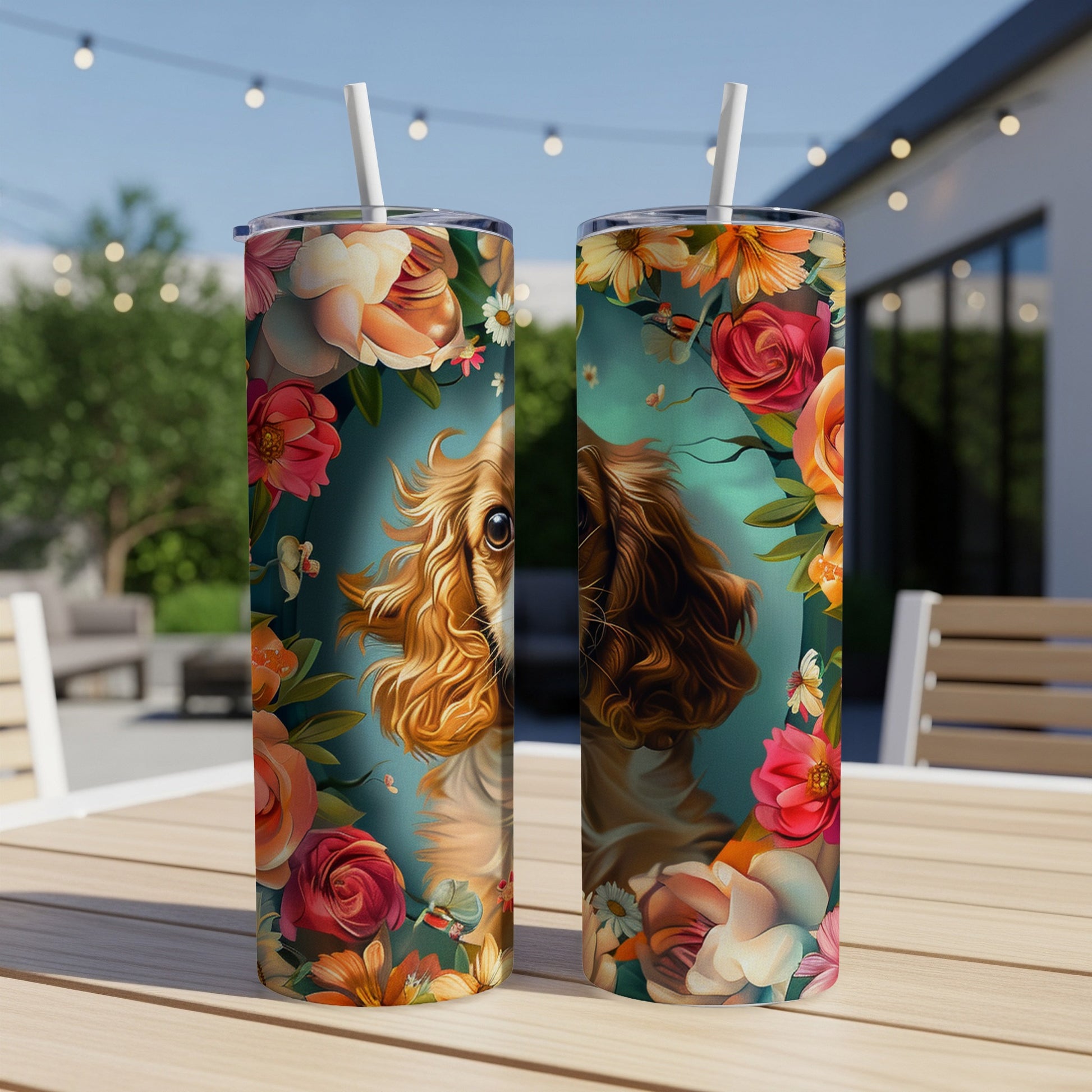 Two tumblers with dog portrait and floral designs on a table.