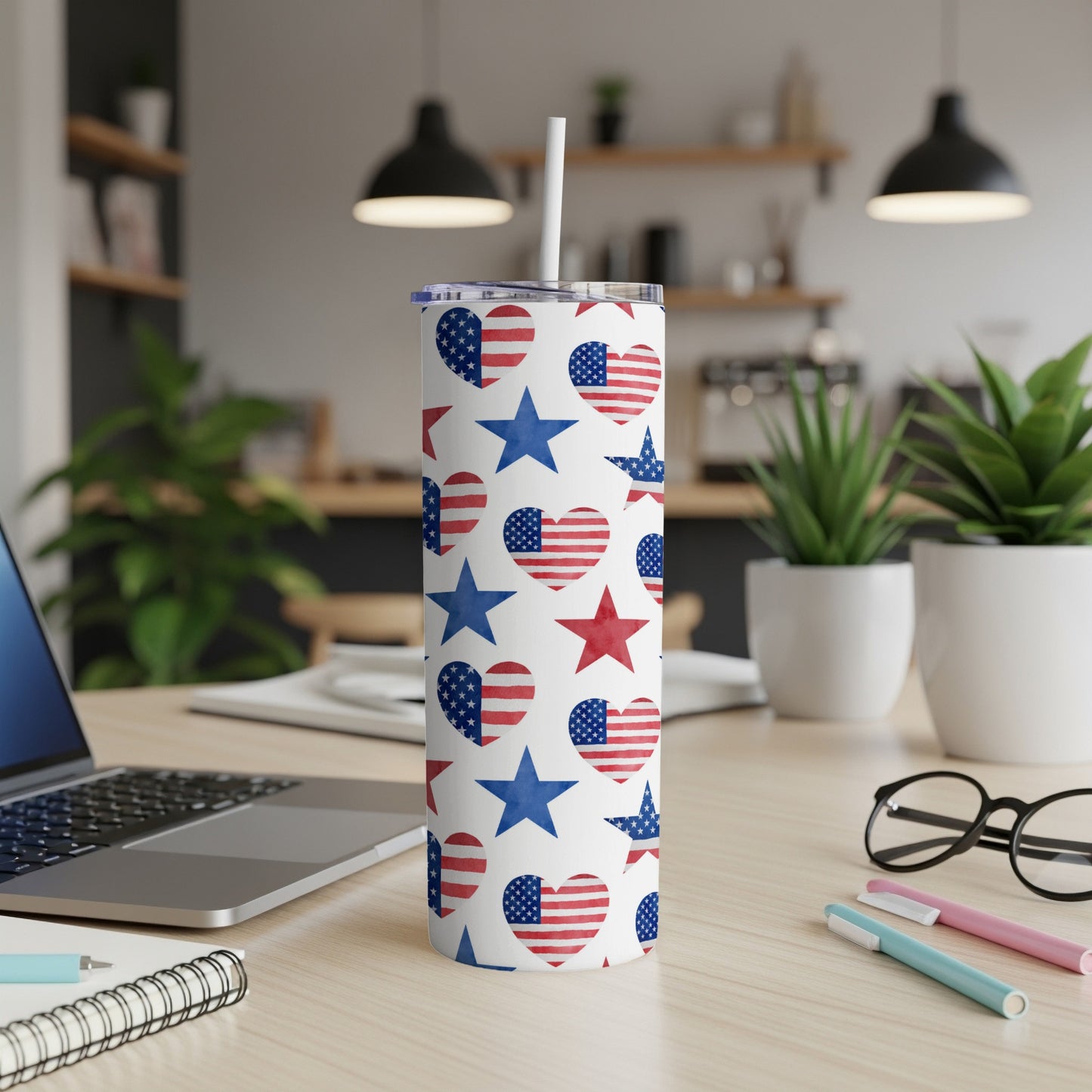 Tumbler with US flag hearts and stars pattern.