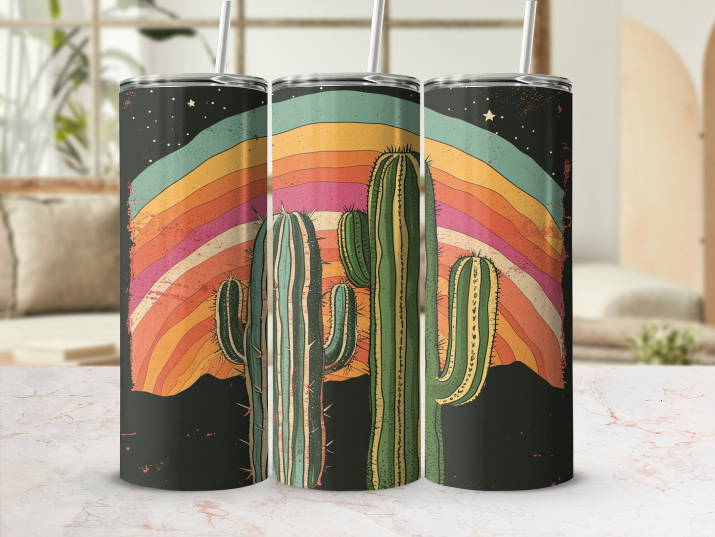Triptych of tumblers featuring stylized cacti against a retro rainbow and starry sky.