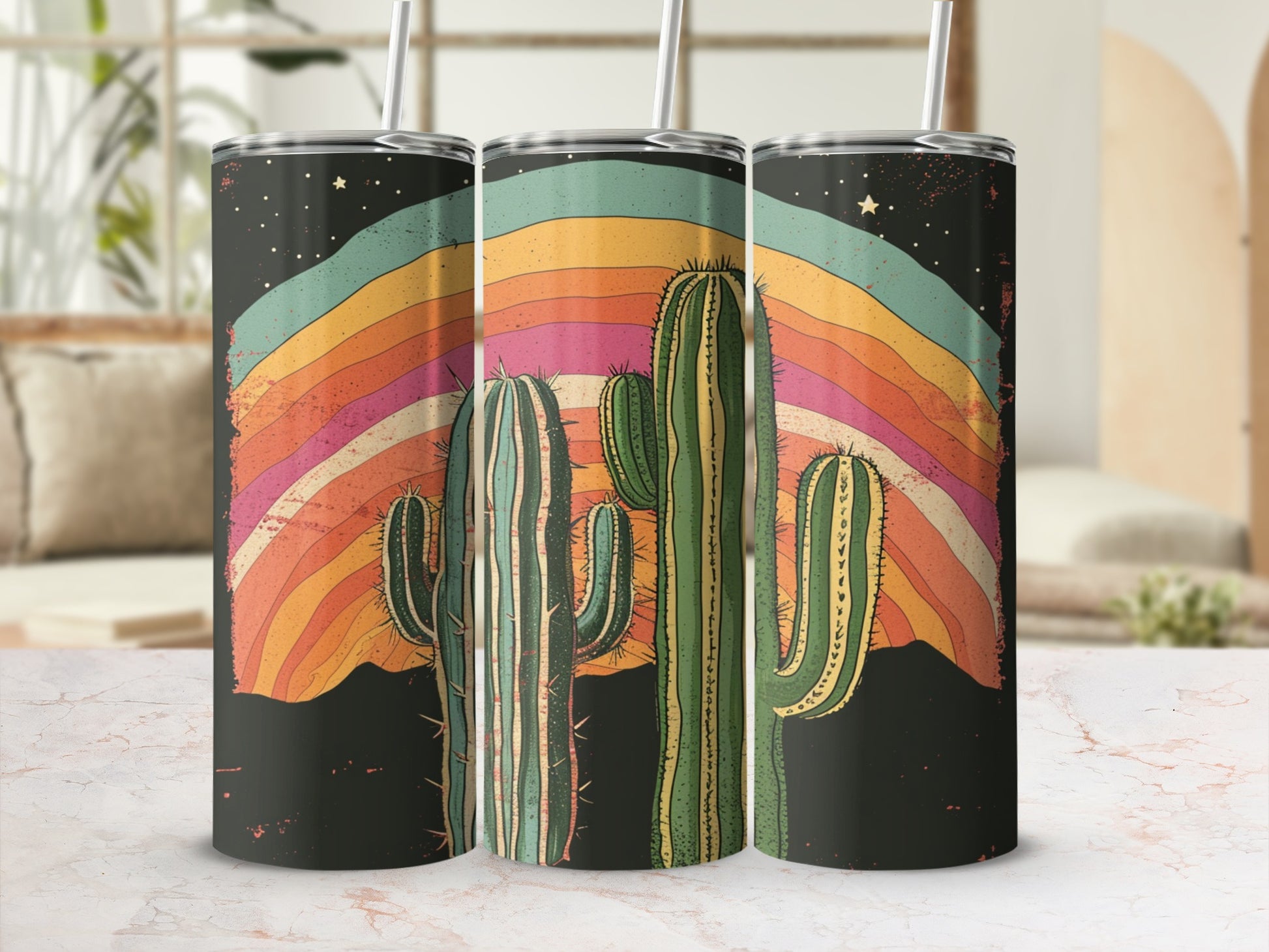 Triptych of tumblers featuring stylized cacti against a retro rainbow and starry sky.