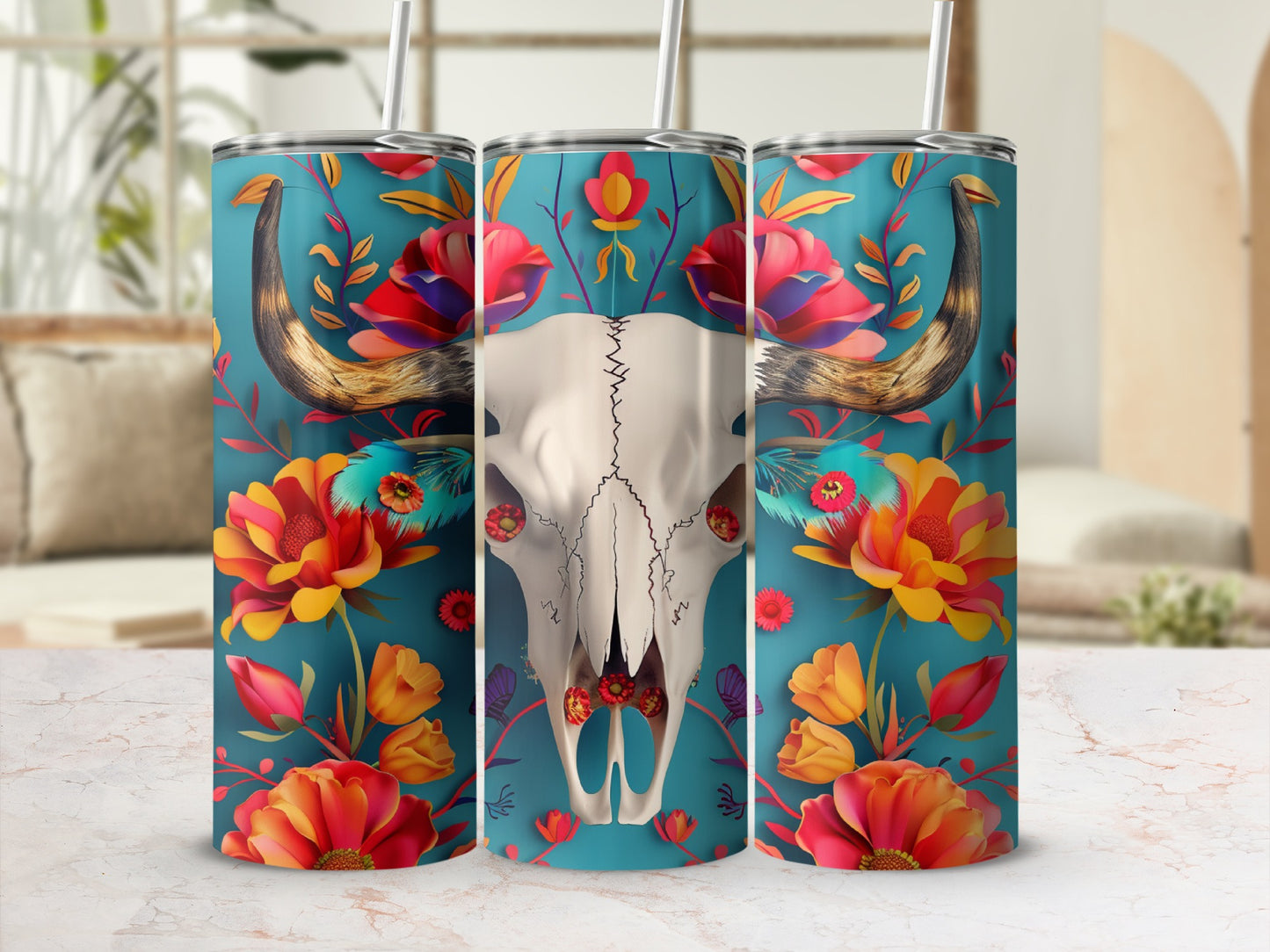 Tall tumbler featuring a bull skull with colorful floral accents.