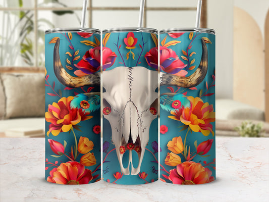 Tall tumbler featuring a bull skull with colorful floral accents.