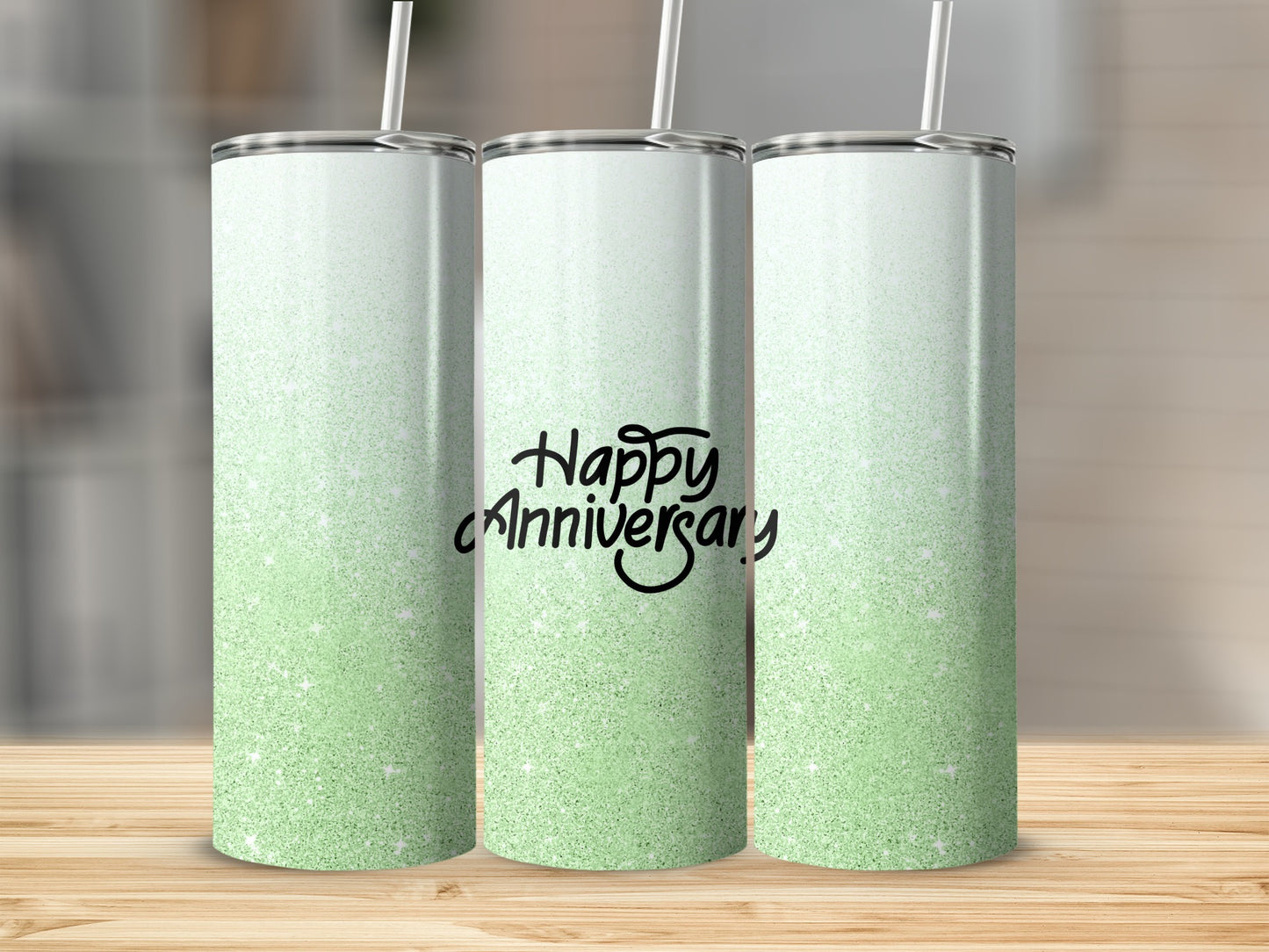 Three tumblers with green glitter gradient and "Happy Anniversary" text.