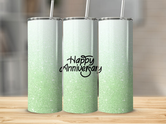 Three tumblers with green glitter gradient and "Happy Anniversary" text.