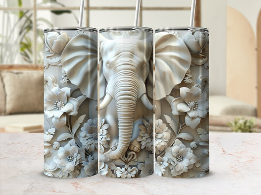 Three tumblers with embossed elephant and floral designs.