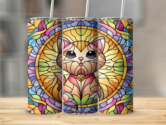 Stained glass cat design on three tumblers with straws.