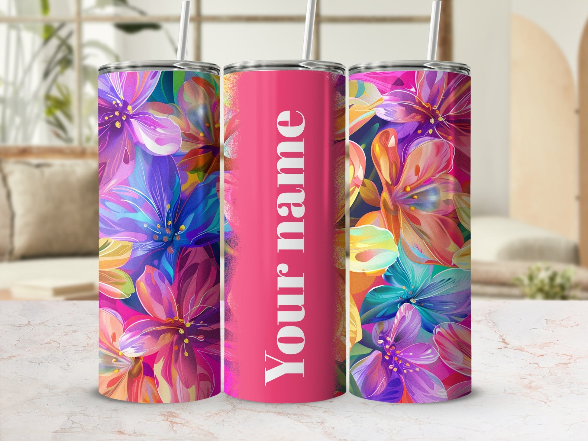 Colorful Floral Pattern Tumbler with Custom Name Option