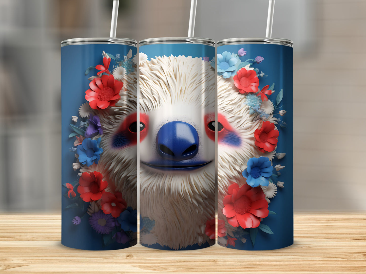 Three blue tumblers with a smiling sloth face surrounded by red and blue flowers.