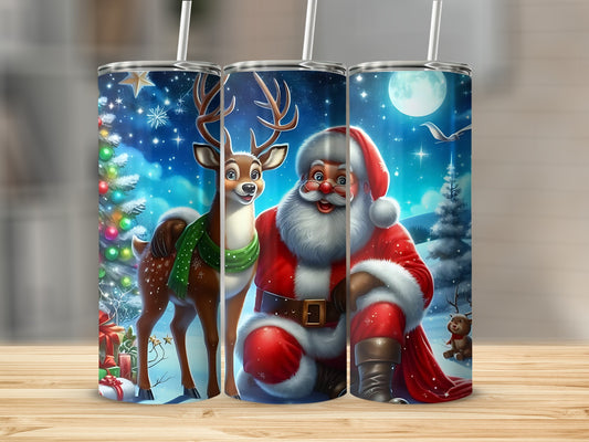Festive Santa Claus and Reindeer Christmas Tumbler