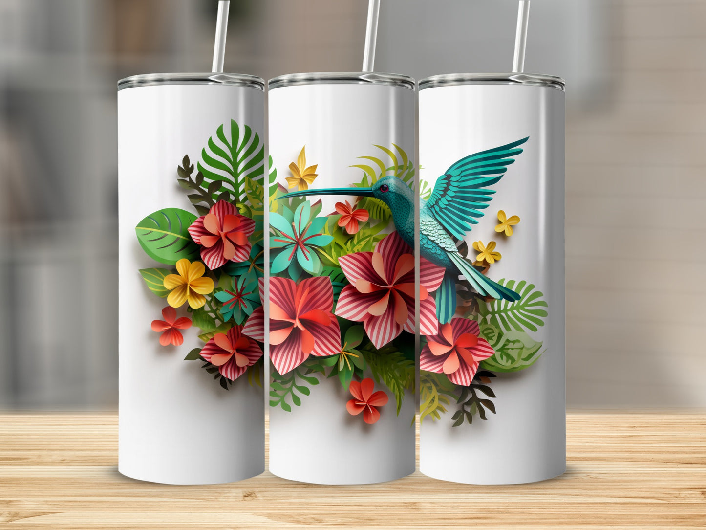 Hummingbird and Tropical Flowers Design Tumbler