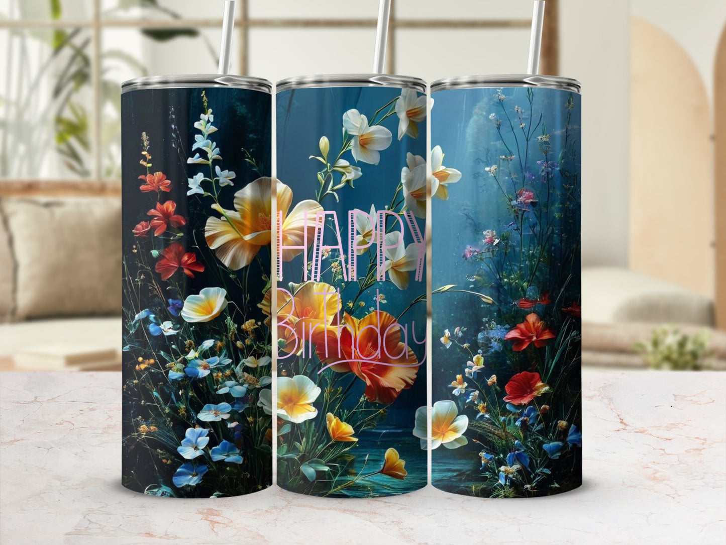 "Happy Birthday" text on a tumbler with vibrant floral and botanical illustrations.