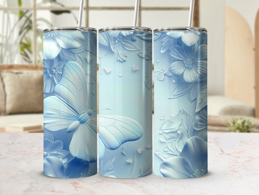 Three light blue tumblers with embossed butterfly and floral designs.