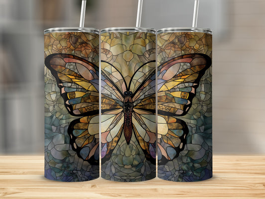 Three tumblers decorated with a colorful stained-glass butterfly design.