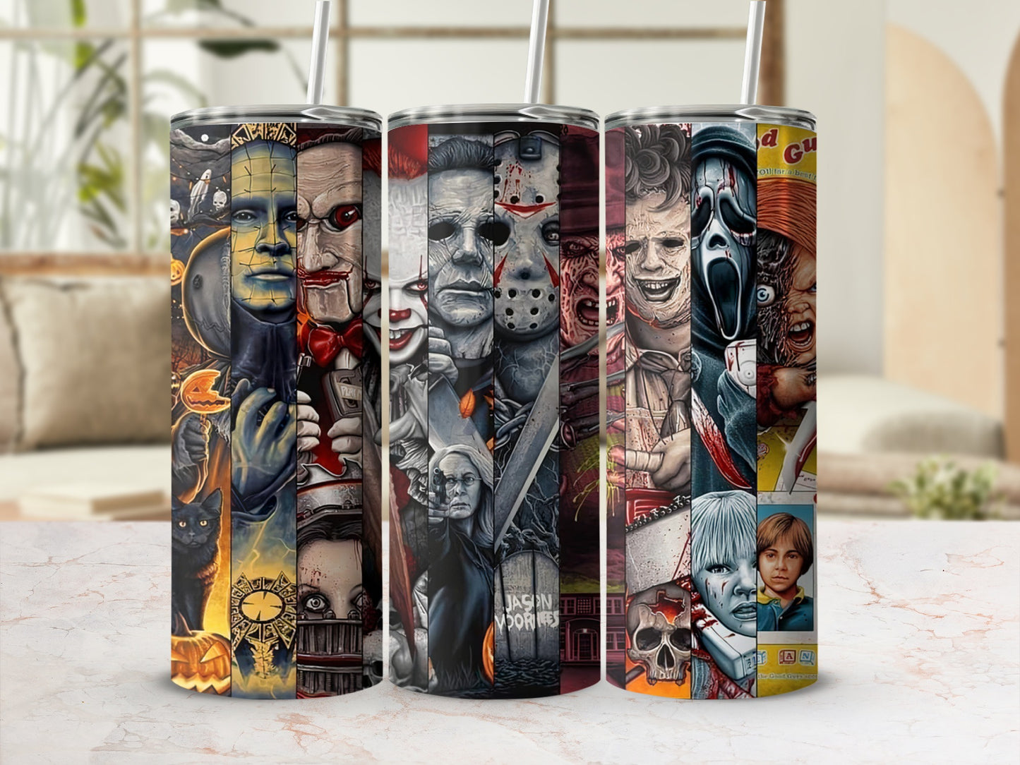 Tumbler with collage of horror movie villains and characters.