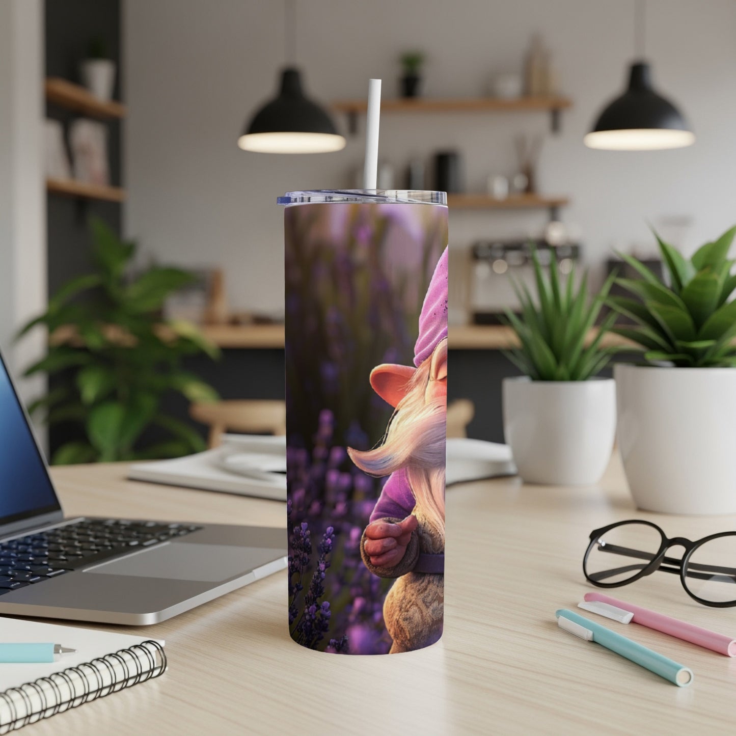 Gnome with pink hat and beard on purple floral background, on a tumbler.