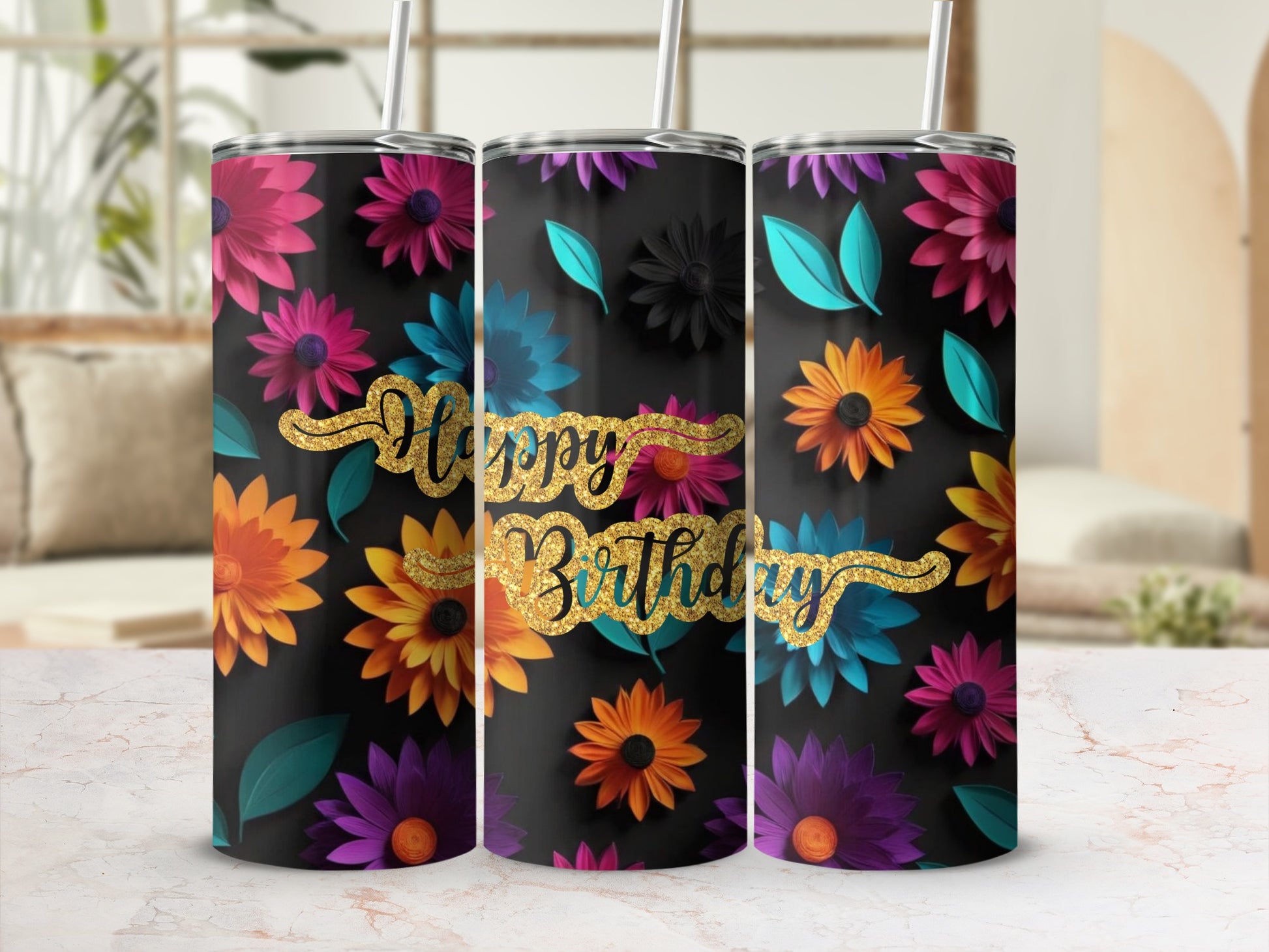 Black tumbler with floral design and "Happy Birthday" text.