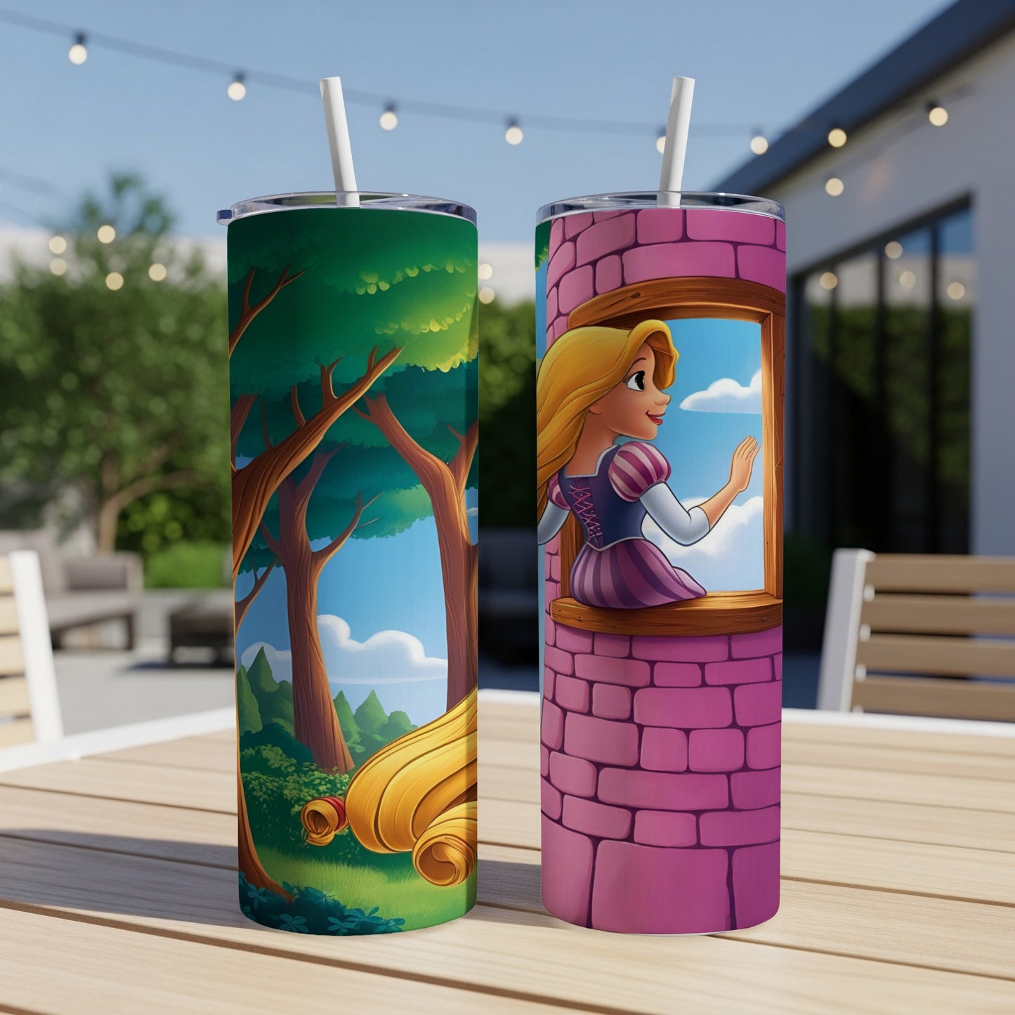 Tangled Rapunzel in tower window with long blonde hair and forest background.