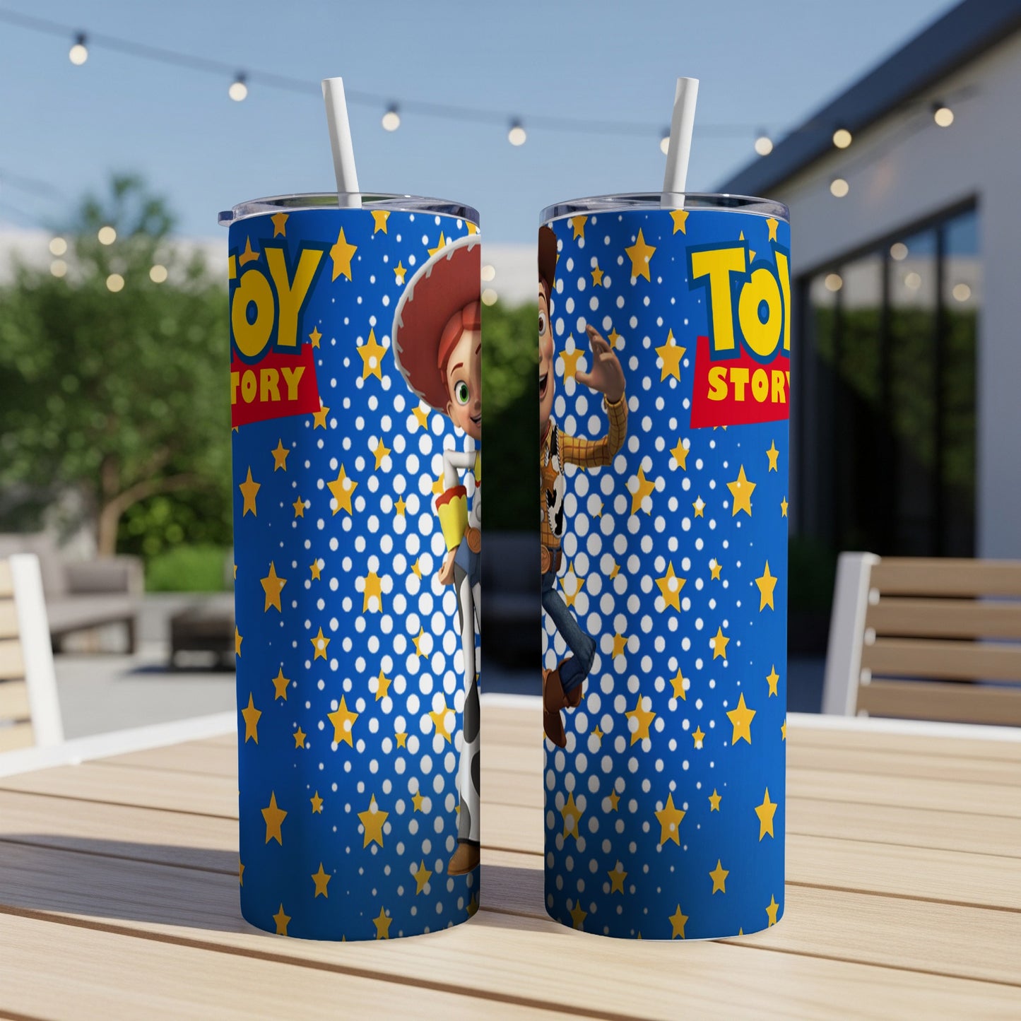 Toy Story tumblers featuring Woody and Jessie with a blue starry background.