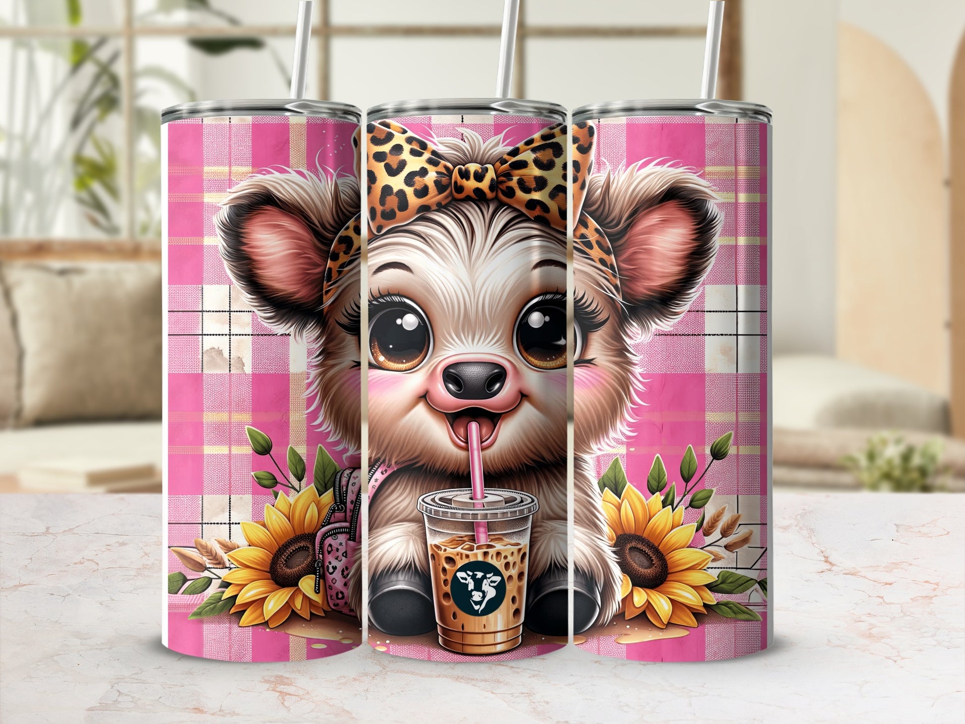 Cute cow with leopard print bow, coffee cup, and sunflowers.