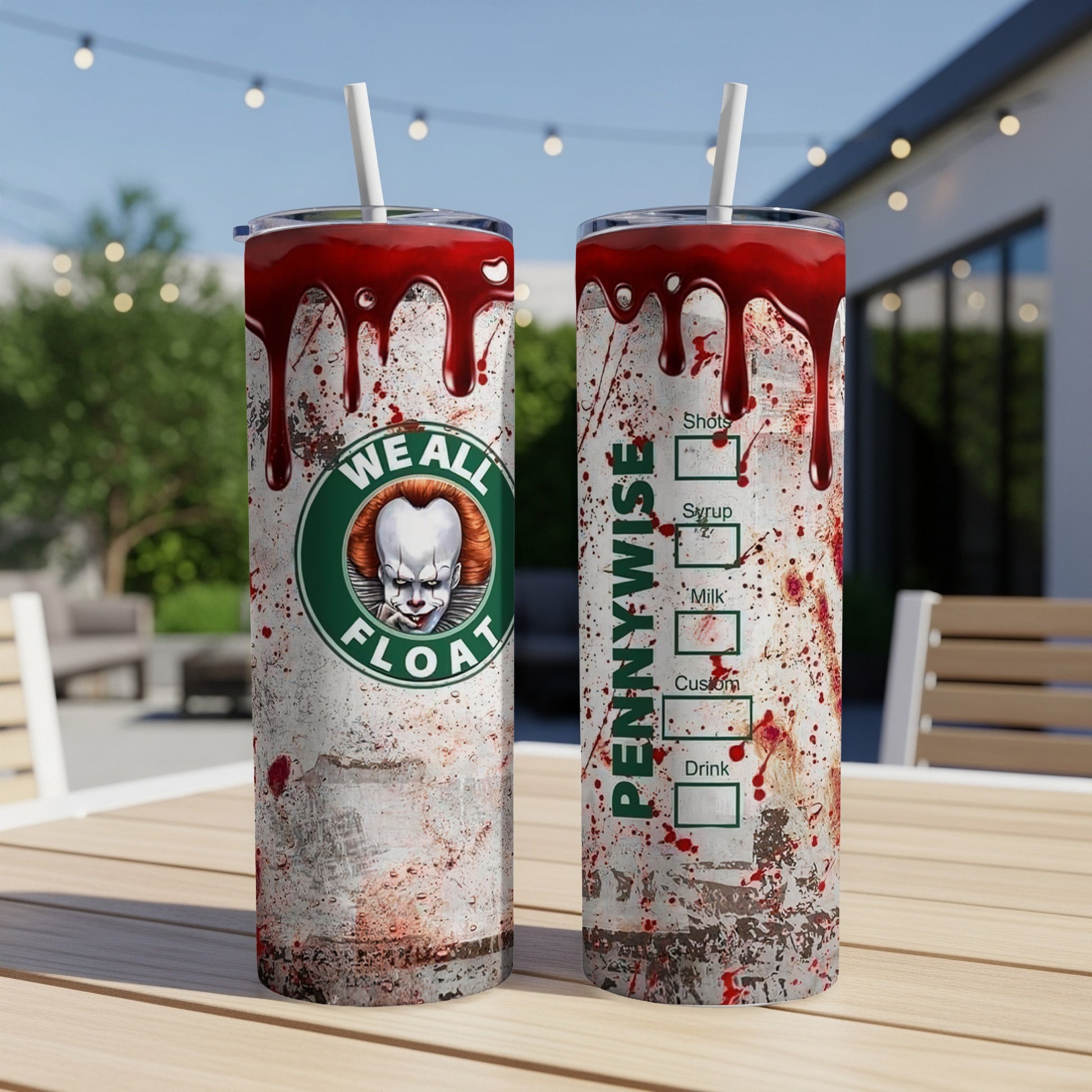 Two tumblers with Pennywise design, dripping blood, and "We All Float" text.