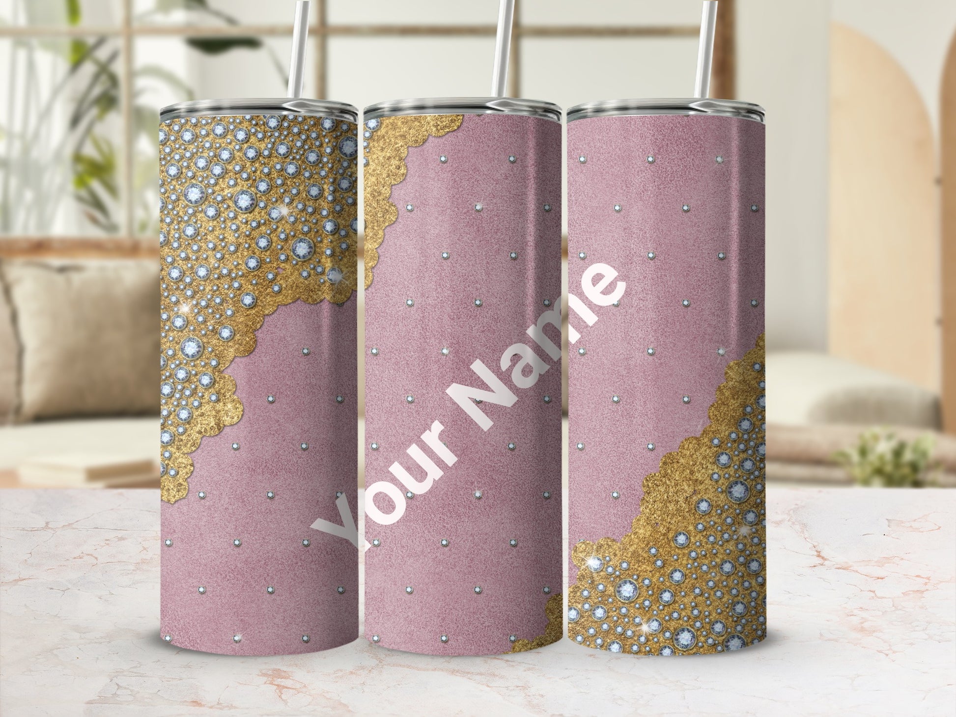 Personalized Pink and Gold Glitter Tumbler