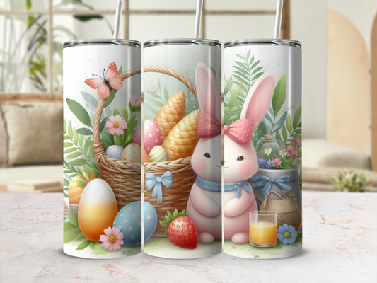 Easter tumbler with bunny, basket, eggs, and carrots.