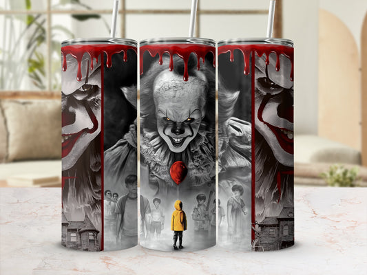 Three tumblers feature Pennywise the clown and scenes from Stephen King's IT.