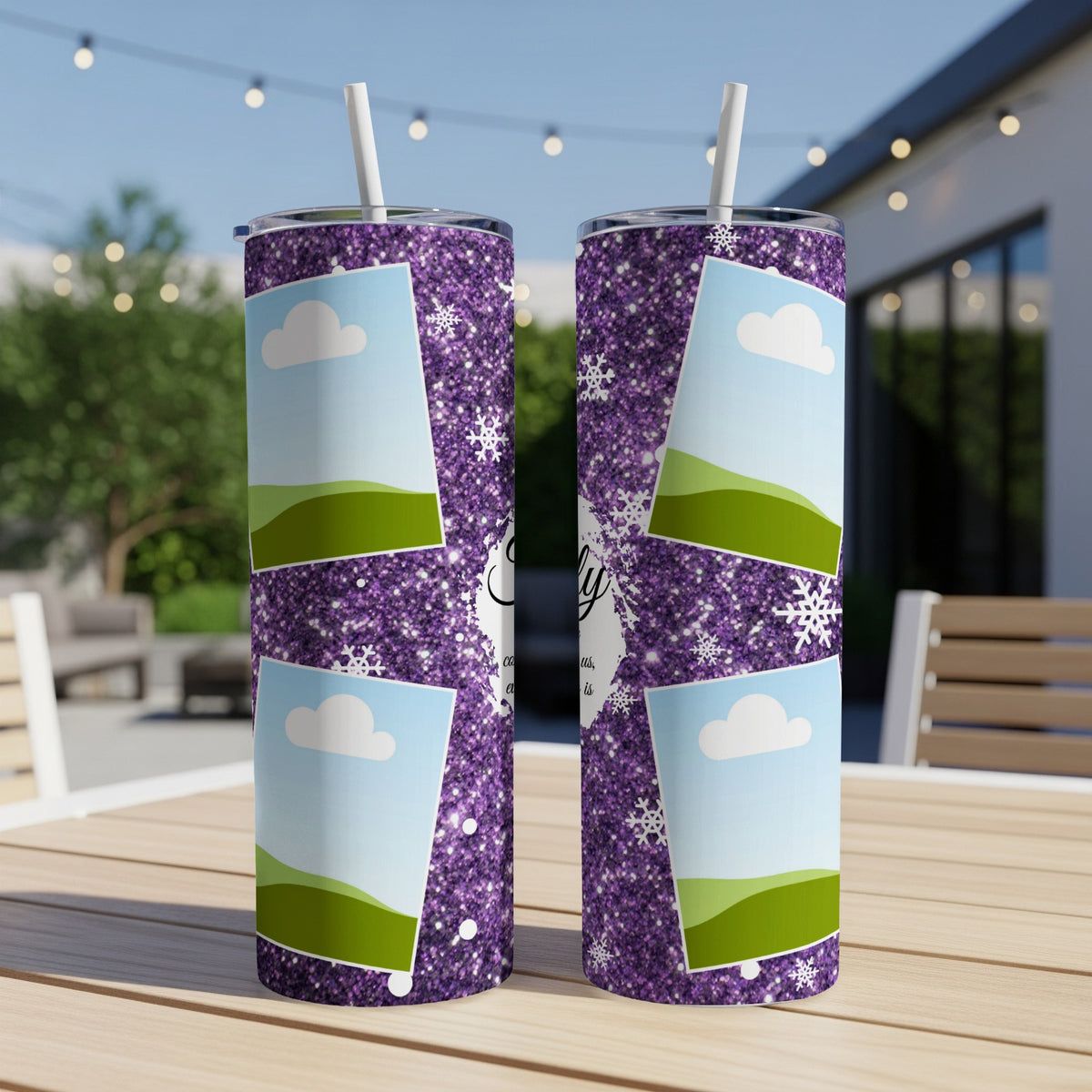 Two purple glitter tumblers with photo frame and snowflake designs.
