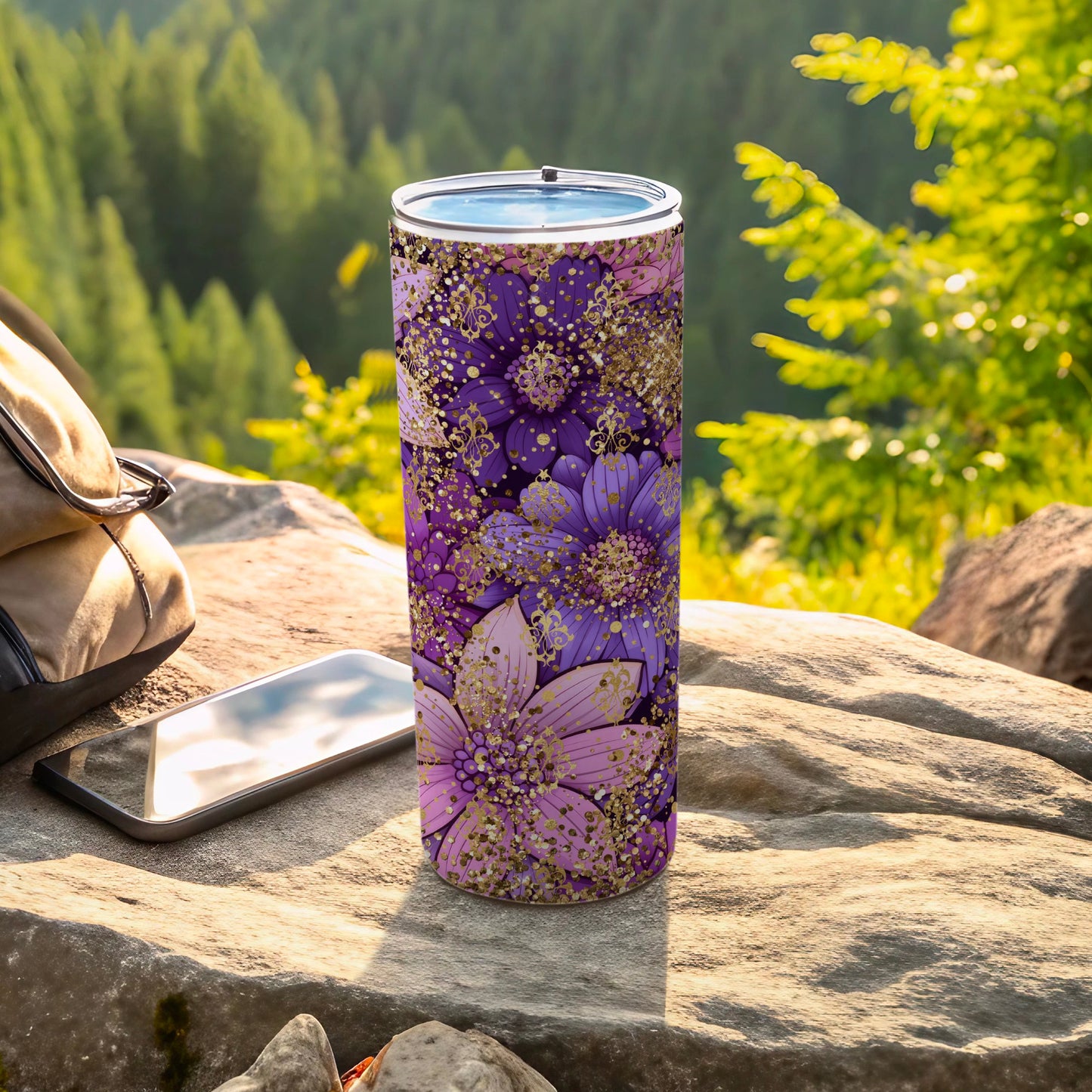 Purple and Gold Flower Design Insulated Tumbler