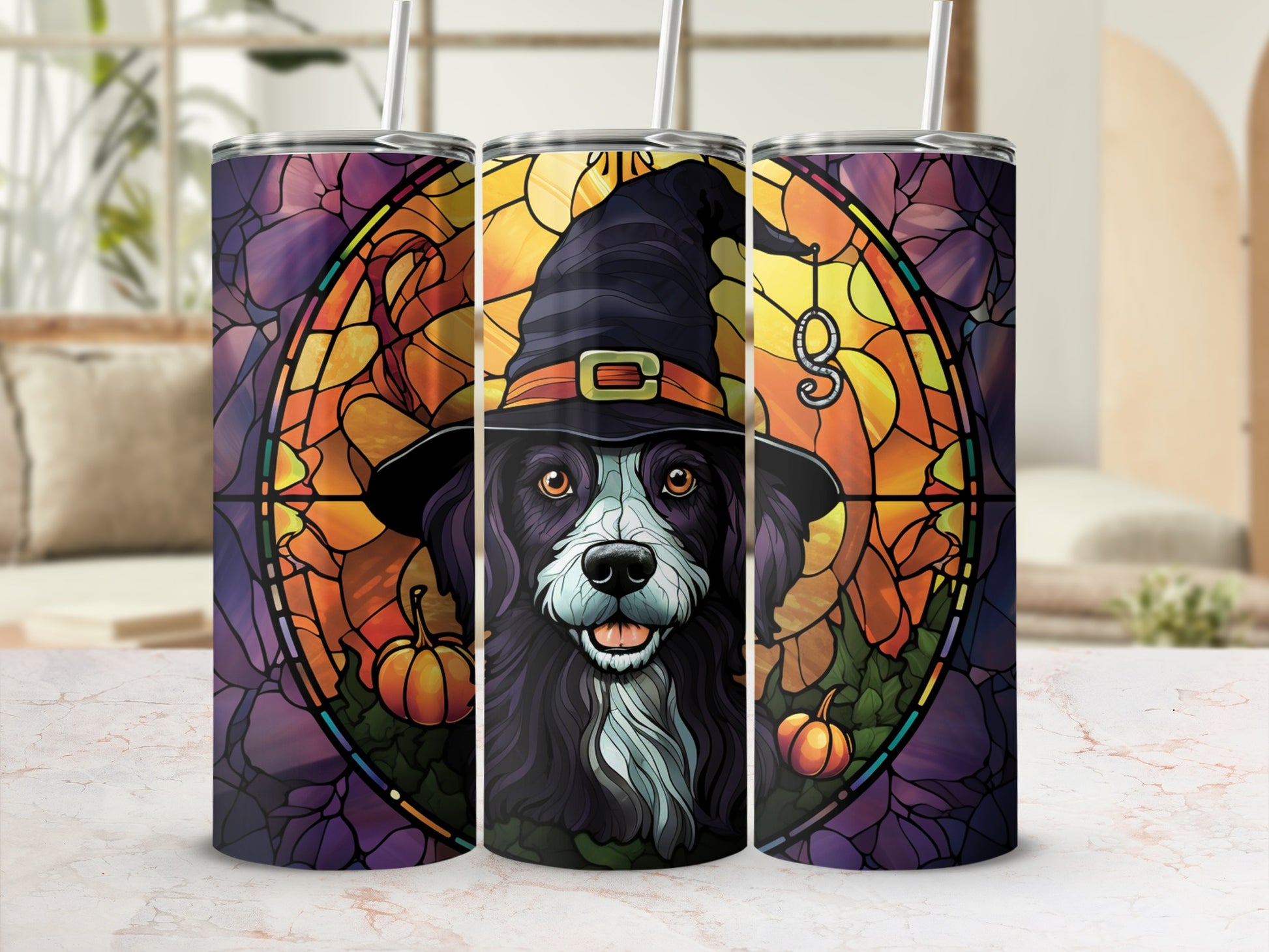 Dog wearing a witch hat with stained glass and pumpkins design.