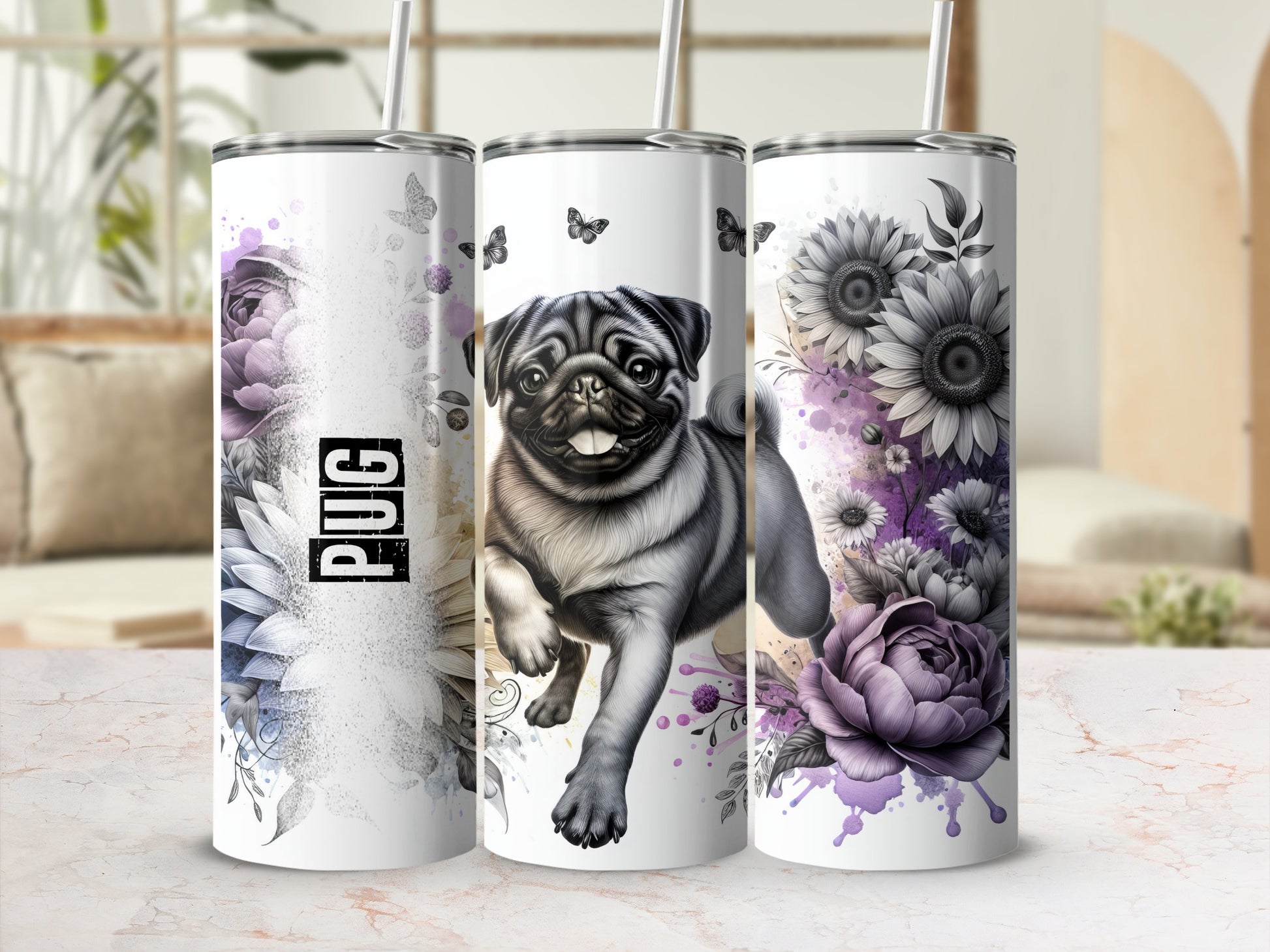 Triptych of pug and floral designs on white sublimation tumblers.